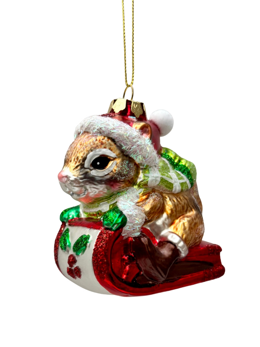 Glass Chipmunk Riding Sleigh Ornament